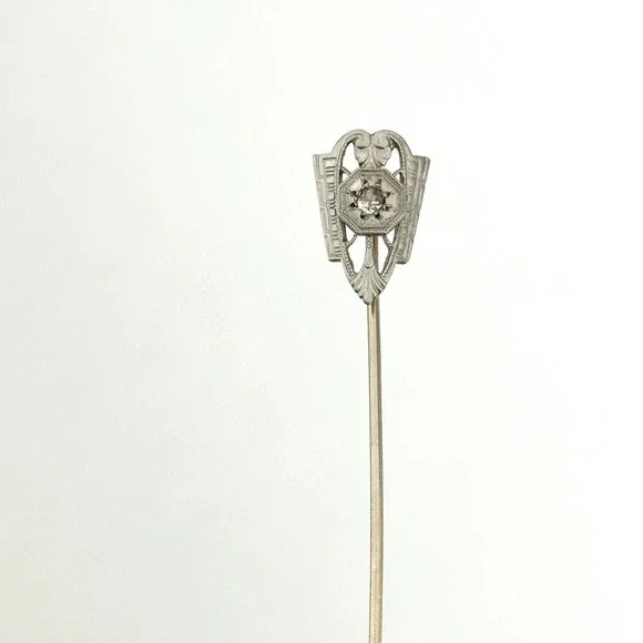 Antique 14K Solid Gold & Platinum Face Diamond Stick Pin 2.5" - Picture 2 of 15